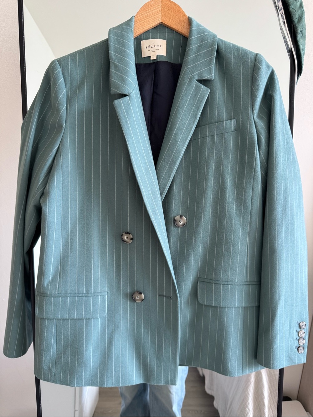 Green Pinstripe Double-Breasted Blazer